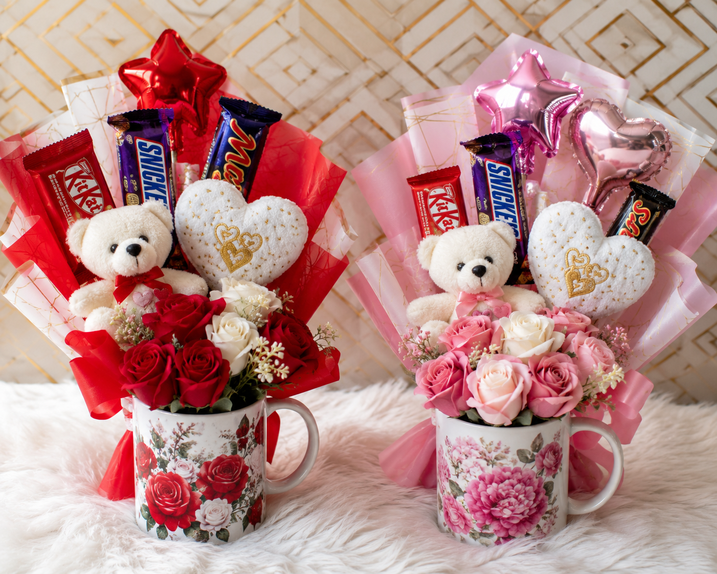 Kit buquê na caneca vermelho e rosa